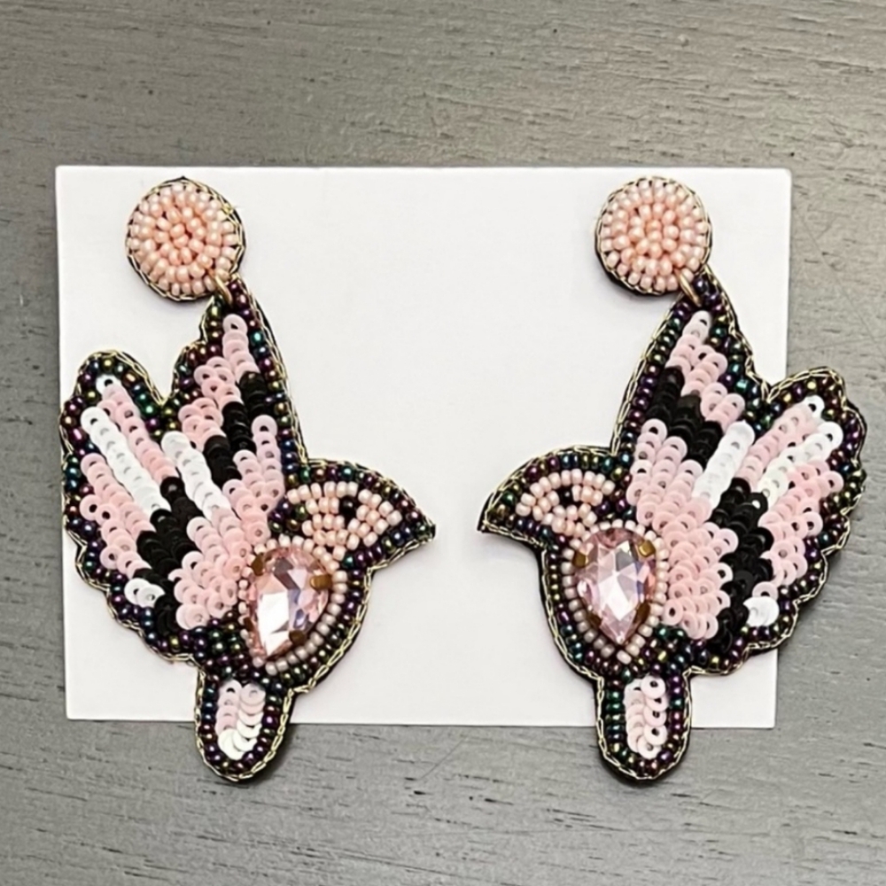 NWT Pink Black Sequin & Crystal Hummingbird Healing Soul 3" Seed Bead Earrings